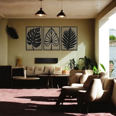 Lazer Kesim Metal Duvar Dekoru, üçlü Yaprak 40 cm