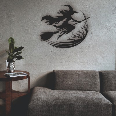 	Lazer Kesim Metal Duvar Dekoru, uçan cadı 40 cm