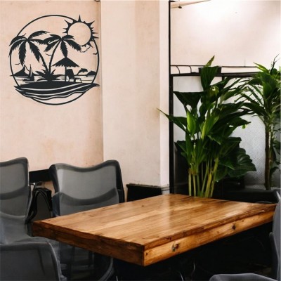 Lazer Kesim Metal Duvar Dekoru, Palmiye Güneş 40 cm