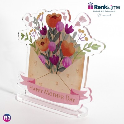 Pleksi Masa Üstü Anneler Günü Hediyesi renkli çiçek buketi