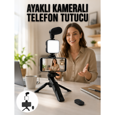 Telefon Tutucu Led Işıklı Kumandalı Mikrofon Telefon Vlog Video Kayıt