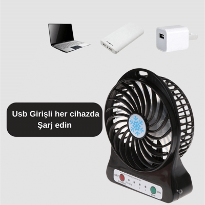USB Girişli Taşınabilir Masaüstü Mini Fan – 3 Kademeli Hız, Şarjlı, Işıklı, Sessiz Çalışma