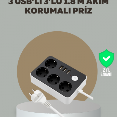 4 Prizli 3 USB Portlu Anahtarlı Akım Korumalı Priz