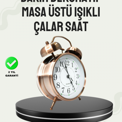 Nostaljik Büyük Boy Metal Masa Saati Bronz Kaplama ve Yüksek Sesli Alarm