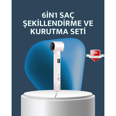6-in-1 Saç Şekillendirme Seti Yüksek Hızlı Motor Negatif İyon LCD Ekran