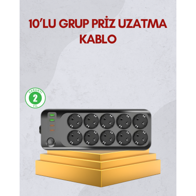 10 Prizli Uzatma Kablosu Termal Koruma USB Type-C Hızlı Şarj 2500W