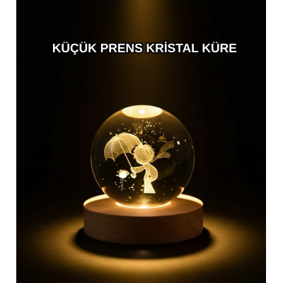 8 cm Küçük Prens 3D Kristal Küre USB Işıklı Ahşap Altlıklı Dekoratif Lamba