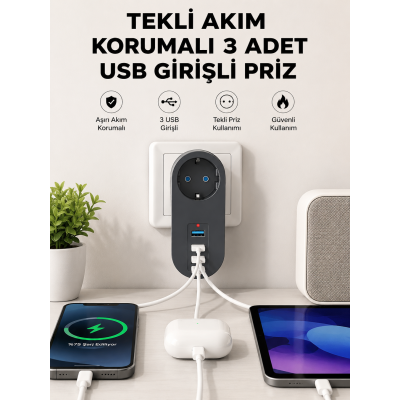 Isıya Dayanıklı 3 USB Portlu Güvenlikli Priz – Akıllı Enerji Yönetimi
