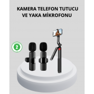 Kablosuz Çift Yaka Mikrofonu ve Tripodlu Selfie Çubuğu İçerik Üretici Seti