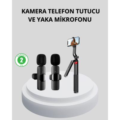 Kablosuz Çift Yaka Mikrofonu ve Tripodlu Selfie Çubuğu İçerik Üretici Seti
