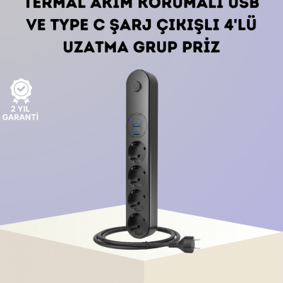 Akım Korumalı Çoklu Priz 4’lü 2 USB 1 Type-C 2500W Güçlü Tasarım