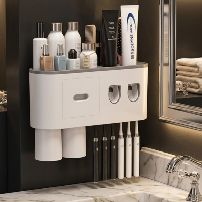 Çift Dispenserli Diş Macunu Sıkacağı 6 Fırçalık Bardaklı Banyo Organizer