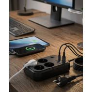 Termal Korumalı Uzatma Kablosu 4 Priz USB ve Type C Çoklu Şarj İstasyonu