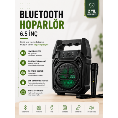 Yeni Nesil 6.5 İnç Bluetooth Hoparlör Mikrofonlu Taşınabilir Ses Sistemi
