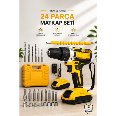 24 Parça Çift Bataryalı Şarjlı Matkap Seti 24W Motor ve Otomatik Mil Kilitli Tasarım