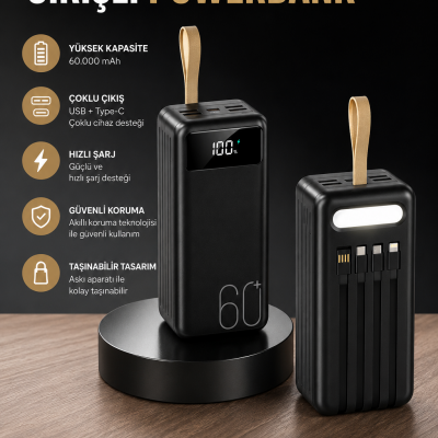 Powerbank 60.000 MAH 4 Portlu Uzun Şarj Süreli Dijital Göstergeli