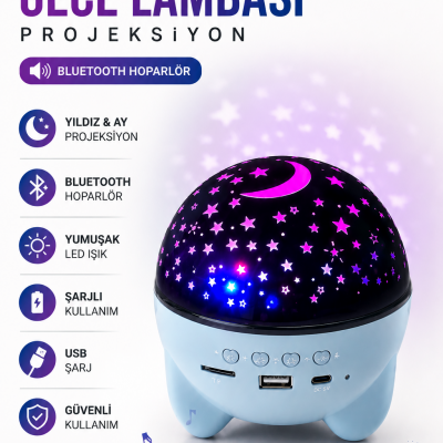 Gökyüzü Temalı Bluetooth Ve Hoparlörlü Şarjlı Çocuk Gece Lambası