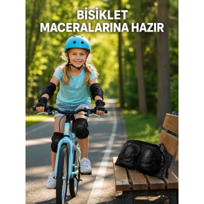 2'li Çocuk Koruyucu Spor Seti Siyah Dizlik Dirseklik El Bilek Koruyucu