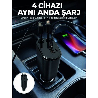 120W Hızlı Şarj Destekli 4'ü 1 Arada Araç Şarj Cihazı Type-C, Lightning, USB ve USB-C Çıkışlı