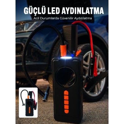 10000mAh Şarjlı Araç Kompresörü Akü Takviye Cihazı Powerbank Özellikli Dijital Lastik Şişirme Pompası