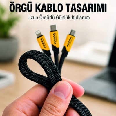 USB 3'ü 1 Arada Şarj Kablosu 240W PD Destekli Çoklu Şarj Kablosu