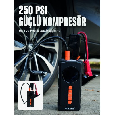 Dijital Araç Kompresörü 4 Fonksiyonlu Akü Takviye Lastik Şişirme Powerbank ve LED El Feneri