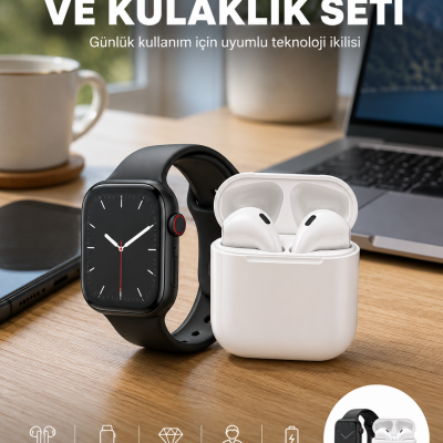 Akıllı Saat Gümüş Kasa Bluetooth Kulaklık Hediyeli Çok Fonksiyonlu İkili Set