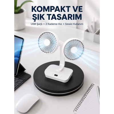720° Döner Çift Taraflı Masaüstü Vantilatör – USB Şarjlı Sessiz Fan