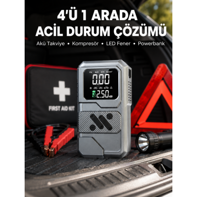 Araçlar İçin Akü Takviye Lastik Şişirme ve Powerbank Cihazı