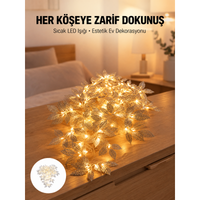Yaprak Şekilli Gümüş LED Işık Pilli Dekoratif Aydınlatma