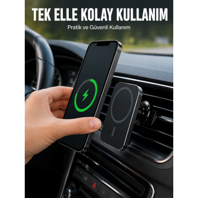 Araç İçi Manyetik Telefon Tutucu ve 15W Kablosuz Hızlı Şarj Cihazı