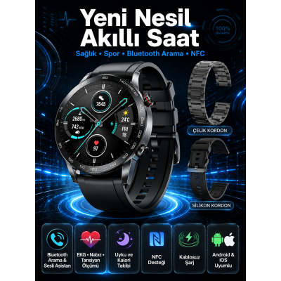 Suya Dayanıklı Dokunmatik Akıllı Saat Bluetooth 5.0, Sesli Asistan ve Sağlık Takibi