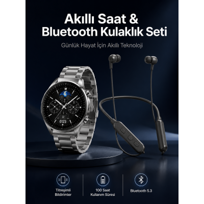 Alarm ve Titreşim Özellikli Akıllı Saat ve Mikrofonlu Kablolu Bluetooth Kulaklık 60 Saat