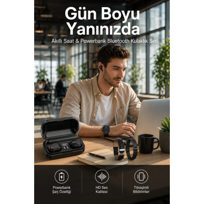 Ucuz Kaliteli Akıllı Saat ve Powerbank Bluetooth Kulaklık 5.1 Stereo ANC Özelliği