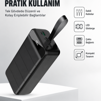 50.000 mAh Kapasiteli Powerbank – Hızlı Şarj Destekli, 4 USB Portlu, LED Işıklı Taşınabilir Enerji Deposu