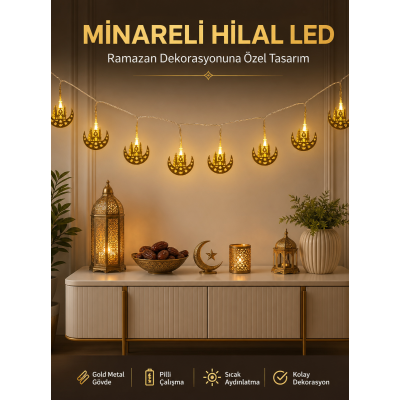 Dekoratif Minareli Hilal LED Işık Metal Gövdeli Ramazan Aydınlatma