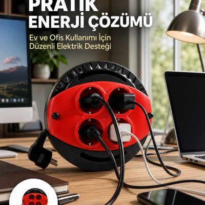 3 Metre Uzatma Kablolu 4 Prizli Makara Kırmızı