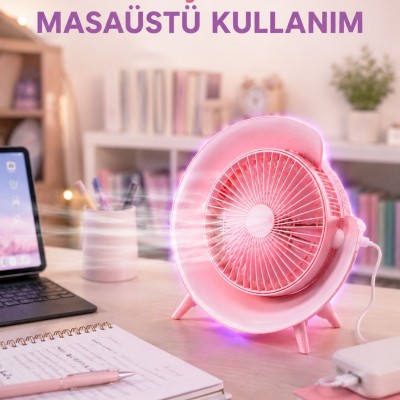 Gece Lambası Özellikli Şarjlı Mini Masaüstü Fan