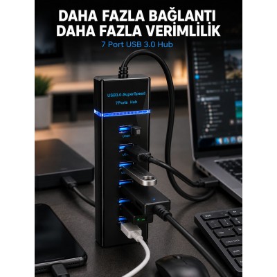 7 Port USB 3.0 Hub 5Gbps Süper Hızlı USB Çoklayıcı
