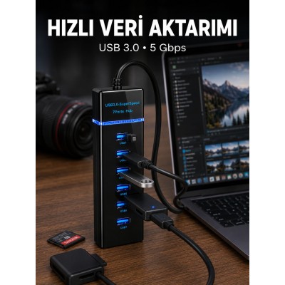 USB 3.0 Çoklayıcı 7 Port Yüksek Hızlı Veri Aktarım