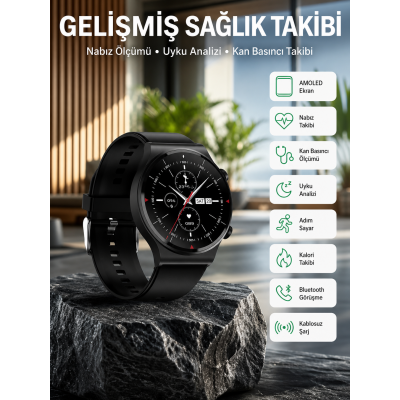 Amoled Ekran Metal Deri Silikon Kordonlu Uyku ve Sağlık Takibi