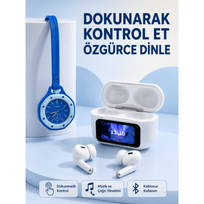 Şarj Kutulu Kablosuz Kulaklık ve Mavi Çanta Aksesuar Saati Avantajlı Set