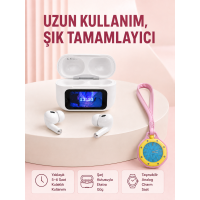 Ekranlı Kablosuz Kulaklık ve Pembe Çanta Charm Saat Kampanya Seti