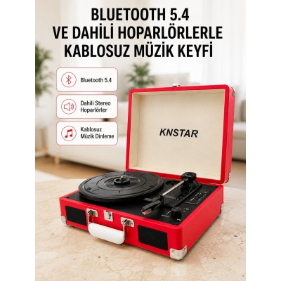 Taşınabilir Bavul Tipi Pikap Bluetooth Özellikli Dahili Hoparlörlü USB ve SD Kart Destekli Kırmızı