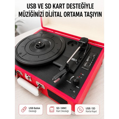 Bluetooth Bağlantılı Portatif Pikap 33 45 78 Devir Dahili Hoparlör ve Şarj Edilebilir Pil