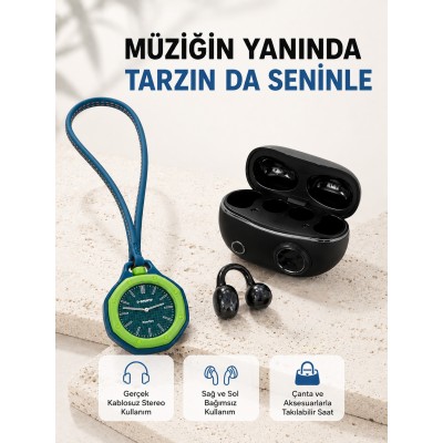Kablosuz Kulaklık ve Yeşil Askılı Çanta Charm Saat Kampanya Seti Şarj Kutulu Bluetooth Kulaklık