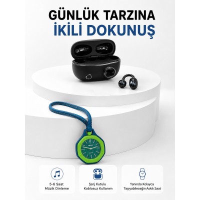 Şarj Kutulu Kablosuz Kulaklık ve Yeşil Askılı Analog Çanta Saati Avantajlı İkili Set
