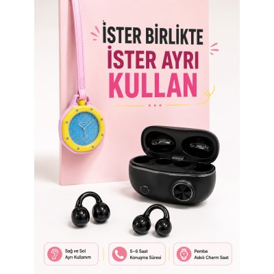 Kablosuz Kulaklık ve Pembe Askılı Çanta Charm Analog Saat Kampanya Seti