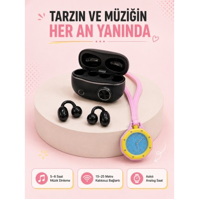 Şarj Kutulu Kablosuz Kulaklık ve Pembe Çanta Charm Saat İkili Fırsat Paketi