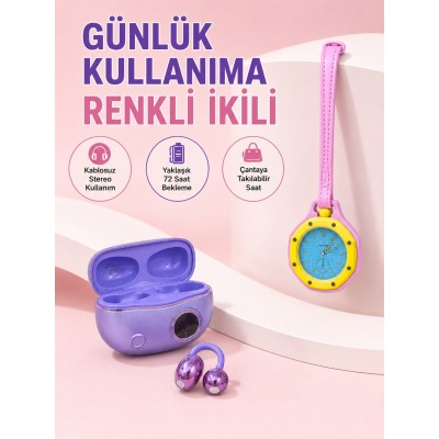 Şarj Kutulu Kablosuz Kulaklık ve Pembe Çanta Charm Analog Saat Seti Müzik ve Aksesuar Bir Arada